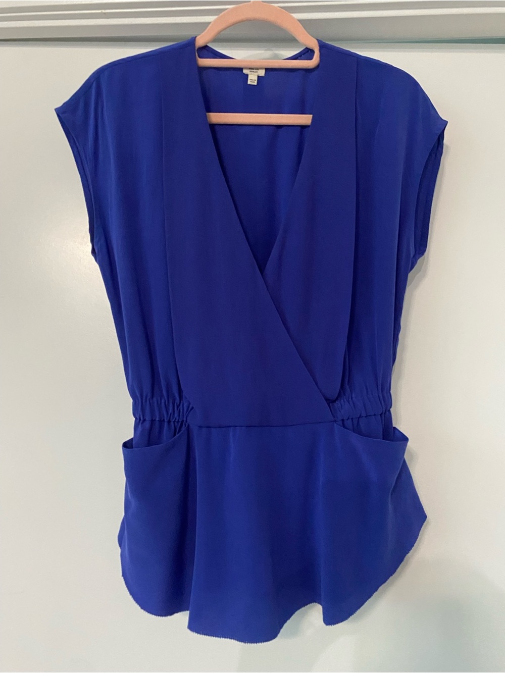 Wilfred l Cobalt Blue Wrap-Front Peplum Smocked Blouse with Pockets